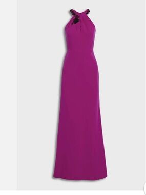 Marchesa Norte Fuchsia Halter Maxi Gown with Beaded Neckline